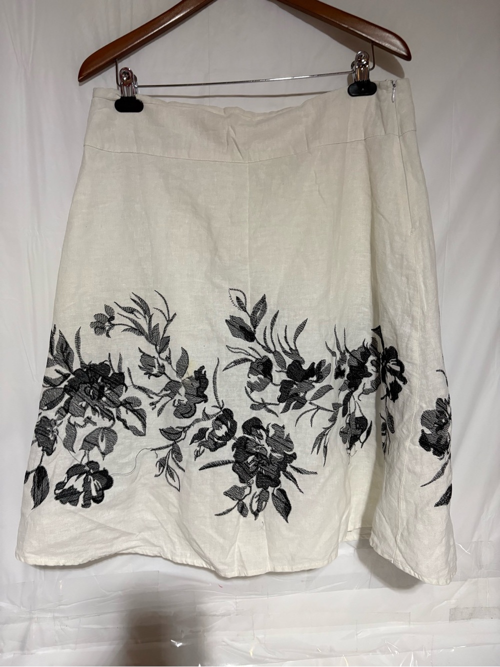 Cream A-Line Skirt with Black Floral Embroidery Detail